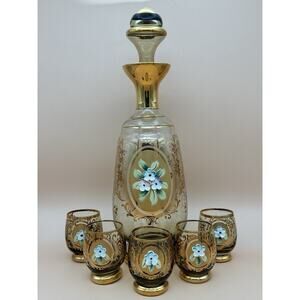 Vintage Bohemian Czech Amber Glass Decanter w/ 5 Cordial Glasses Floral Enamel